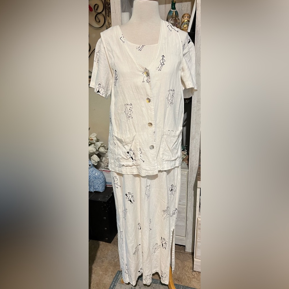 Elegant Black and Cream Linen blend Maxi Dress Size S